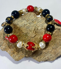 Load image into Gallery viewer, Exotic Red Jasper Black Agate and White Cultured Pearls Gemstone Stretch Bracelet