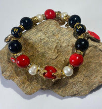 Load image into Gallery viewer, Exotic Red Jasper Black Agate and White Cultured Pearls Gemstone Stretch Bracelet