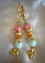 Load image into Gallery viewer, Light Blue Larimar, Peachy Pink Agate Gemstone Dangle Earrings