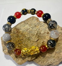 Load image into Gallery viewer, Red & Black Agate, Black Obsidian and Grey Dragon Vein Agate Stretch Bracelet #3 for Men