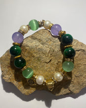 Load image into Gallery viewer, Exotic Light Green Tiger Eye & Light Purple Agate Gemstone Tibetan Stretch Bracelet