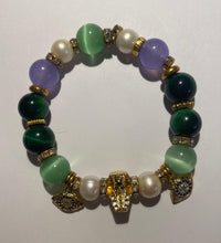 Load image into Gallery viewer, Exotic Light Green Tiger Eye & Light Purple Agate Gemstone Tibetan Stretch Bracelet