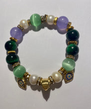 Load image into Gallery viewer, Exotic Light Green Tiger Eye & Light Purple Agate Gemstone Tibetan Stretch Bracelet