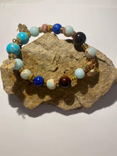 Load image into Gallery viewer, Exotic Sky Blue Jasper and Brown Agate Gemstone Stretch Bracelet