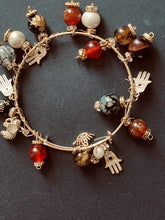 Load image into Gallery viewer, Exotic Gemstone Red Agate, Pearl & Tiger Eye Wire Dangle Good Karma Bangledesh Bracelet