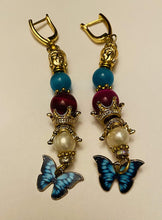 Load image into Gallery viewer, Pink & Turquoise Butterfly Gemstone Tibetan Dangle Earrings
