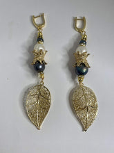 Load image into Gallery viewer, Exotic Black & White Cultured Pearl Gemstone Dangle Earrings with Leaf Charm