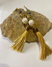 Load image into Gallery viewer, Exotic White & Black Cultured Pearl Gemstone Tibetan Gemstone Dangle Earrings with Silk Tassels