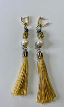 Load image into Gallery viewer, Exotic White & Black Cultured Pearl Gemstone Tibetan Gemstone Dangle Earrings with Silk Tassels