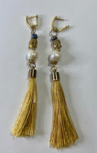 Load image into Gallery viewer, Exotic White & Black Cultured Pearl Gemstone Tibetan Gemstone Dangle Earrings with Silk Tassels