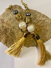 Load image into Gallery viewer, Exotic White & Black Cultured Pearl Gemstone Tibetan Gemstone Dangle Earrings with Silk Tassels