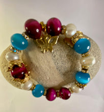 Load image into Gallery viewer, Exotic Fuchsia Tiger Eye, Turquoise Cat Eye Quartz and Cultured Pearl Gemstone Stretch Bracelet
