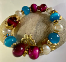 Load image into Gallery viewer, Exotic Fuchsia Tiger Eye, Turquoise Cat Eye Quartz and Cultured Pearl Gemstone Stretch Bracelet
