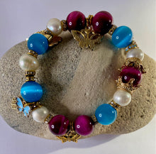 Load image into Gallery viewer, Exotic Fuchsia Tiger Eye, Turquoise Cat Eye Quartz and Cultured Pearl Gemstone Stretch Bracelet