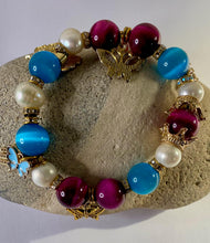Load image into Gallery viewer, Exotic Fuchsia Tiger Eye, Turquoise Cat Eye Quartz and Cultured Pearl Gemstone Stretch Bracelet