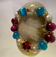 Load image into Gallery viewer, Exotic Fuchsia Tiger Eye, Turquoise Cat Eye Quartz and Cultured Pearl Gemstone Stretch Bracelet