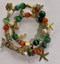 Load image into Gallery viewer, Exotic Green, Orange Tiger Eye Agate & Pearl Gemstone Tibetan Double Wrap Bracelet, Fish Marine Charms