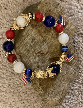 Load image into Gallery viewer, Exotic Blue & Red Agate White Pearl Gemstone American Flag Stretch Bracelet