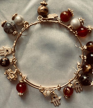Load image into Gallery viewer, Exotic Gemstone Red Agate, Pearl & Tiger Eye Wire Dangle Good Karma Bangledesh Bracelet