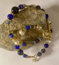 Load image into Gallery viewer, Royal Blue Agate, Pearl & Tiger Eye Gemstone Tibetan Style Double Wrap Bracelet