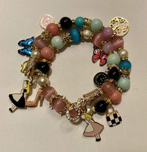 Load image into Gallery viewer, Exotic Pink Tiger Eye Pearl & Agate Gemstone Tibetan Double Wrap Bracelet, Alice in Wonderland Charms
