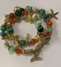 Load image into Gallery viewer, Exotic Green, Orange Tiger Eye Agate & Pearl Gemstone Tibetan Double Wrap Bracelet, Fish Marine Charms