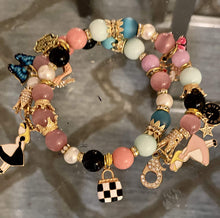 Load image into Gallery viewer, Exotic Pink Tiger Eye Pearl & Agate Gemstone Tibetan Double Wrap Bracelet, Alice in Wonderland Charms