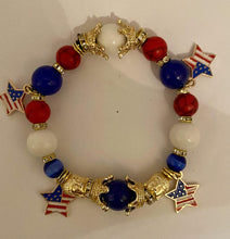 Load image into Gallery viewer, Exotic Blue & Red Agate White Pearl Gemstone American Flag Stretch Bracelet