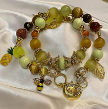 Load image into Gallery viewer, Exotic Green Agate Gemstone Double Wrap Bracelet with Bee, Pineapple, Moon Charms