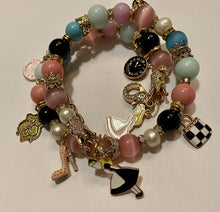 Load image into Gallery viewer, Exotic Pink Tiger Eye Pearl & Agate Gemstone Tibetan Double Wrap Bracelet, Alice in Wonderland Charms