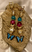 Load image into Gallery viewer, Pink & Turquoise Butterfly Gemstone Tibetan Dangle Earrings