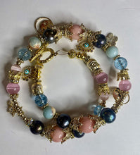 Load image into Gallery viewer, Exotic Pink Cat Blue Quartz, Black Pearl Gemstone Double Wrap Bracelet