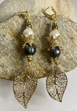 Load image into Gallery viewer, Exotic Black & White Cultured Pearl Gemstone Dangle Earrings with Leaf Charm