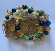 Load image into Gallery viewer, Exotic Yellow, Blue & Green Tiger Eye, Agate & Pearl Gemstone Double Wrap Bracelet with Egyptian Charms