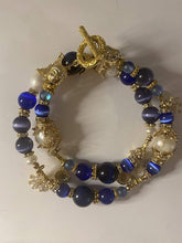Load image into Gallery viewer, Royal Blue Agate, Pearl & Tiger Eye Gemstone Tibetan Style Double Wrap Bracelet