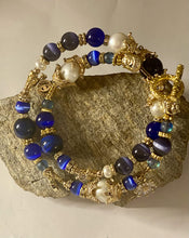Load image into Gallery viewer, Royal Blue Agate, Pearl & Tiger Eye Gemstone Tibetan Style Double Wrap Bracelet