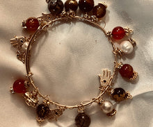 Load image into Gallery viewer, Exotic Gemstone Red Agate, Pearl & Tiger Eye Wire Dangle Good Karma Bangledesh Bracelet