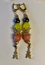Load image into Gallery viewer, Exotic Black Pearl, Yellow Quartz and Peach Agate Gemstone Dangle Tibetan Earrings with Eiffel Tower Charm