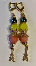 Load image into Gallery viewer, Exotic Black Pearl, Yellow Quartz and Peach Agate Gemstone Dangle Tibetan Earrings with Eiffel Tower Charm