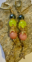 Load image into Gallery viewer, Exotic Black Pearl, Yellow Quartz and Peach Agate Gemstone Dangle Tibetan Earrings with Eiffel Tower Charm