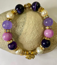 Load image into Gallery viewer, Exotic Amethyst, Violet Agate, Azurite and Cultured Pearl Gemstone Tibetan Stretch Bracelet