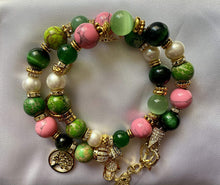 Load image into Gallery viewer, Natural Gemstone Pink & Green Jasper & Pearl Double Wrap Bracelet