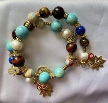 Load image into Gallery viewer, Exotic with Pearl , Tiger Eye, Jasper & Blue Agate Gemstone Good Karma Double Wrap Bracelet