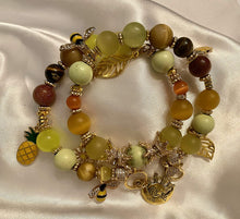 Load image into Gallery viewer, Exotic Green Agate Gemstone Double Wrap Bracelet with Bee, Pineapple, Moon Charms