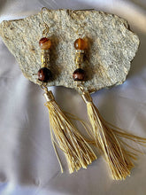 Load image into Gallery viewer, Exotic Brown Tiger Eye Gemstone Handmade Dangle Earrings with Silk Tassel