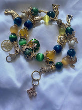 Load image into Gallery viewer, Exotic Yellow, Blue & Green Tiger Eye, Agate & Pearl Gemstone Double Wrap Bracelet with Egyptian Charms