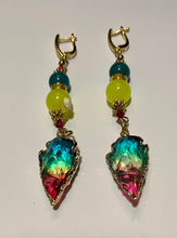 Load image into Gallery viewer, Exotic Yellow Agate, Blue-Green Chalcedony Gemstone Tibetan Dangle Earrings with Natural Multi Color Quartz Pendant