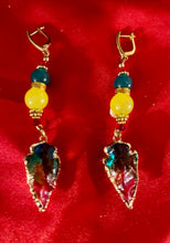 Load image into Gallery viewer, Exotic Yellow Agate, Blue-Green Chalcedony Gemstone Tibetan Dangle Earrings with Natural Multi Color Quartz Pendant