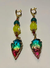Load image into Gallery viewer, Exotic Yellow Agate, Blue-Green Chalcedony Gemstone Tibetan Dangle Earrings with Natural Multi Color Quartz Pendant