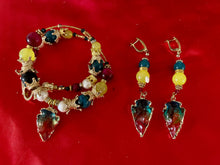 Load image into Gallery viewer, Exotic Yellow Agate, Blue-Green Chalcedony Gemstone Tibetan Dangle Earrings with Natural Multi Color Quartz Pendant